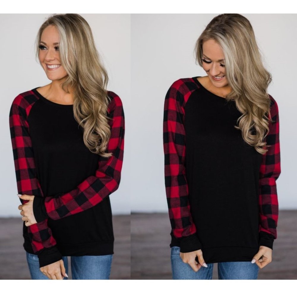 $5  Red Buffalo Plaid Sleeve Black Sweater(TP10B)